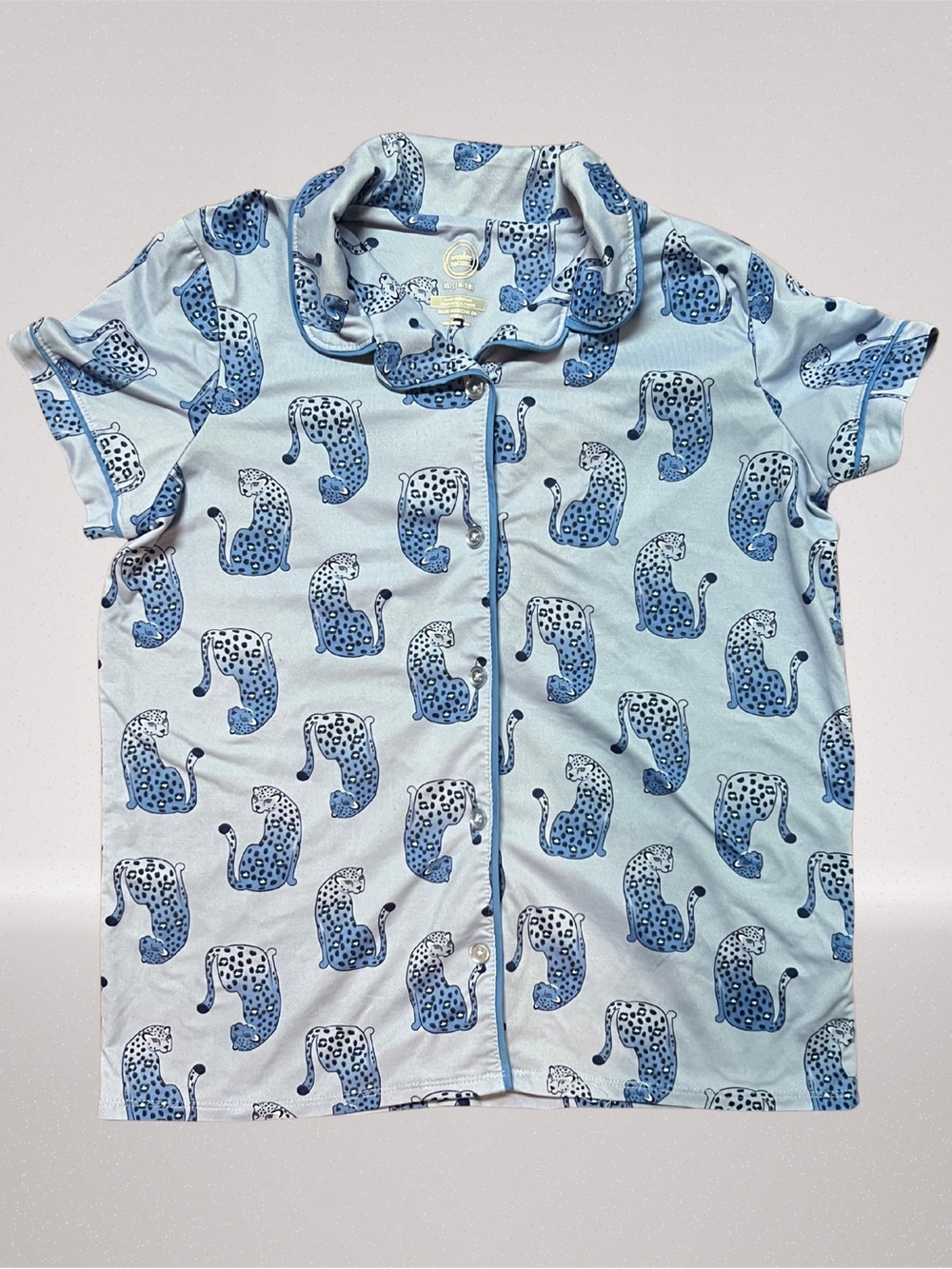 Wonder Nation Girls Leopard Pajama Set XL 14-16 Blue Button Up Shorts